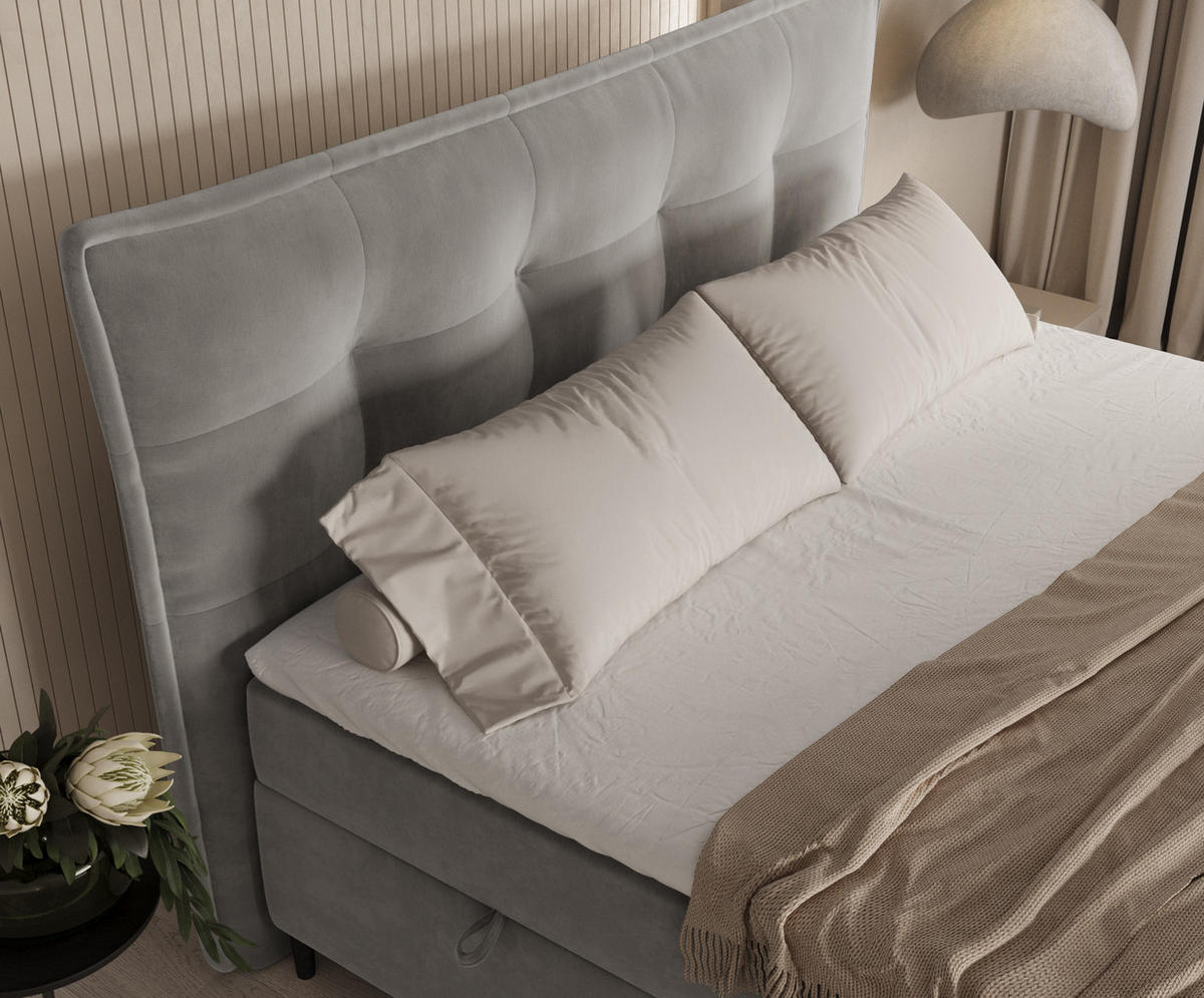 BOXBETT Sinai Grau Beige 140/200 cm mit Taschenmatratze und Topper - Greige/Schwarz, Holz/Holzwerkstoff (140/200cm) - Maison de Reve