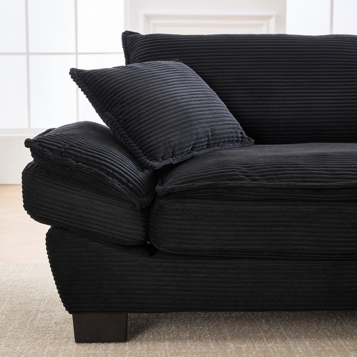 2-SITZER SOFA Cord Schwarz mit Kissen und Armlehnen - Schwarz, Holzwerkstoff/Kunststoff (224/81/81cm) - WISHDOR