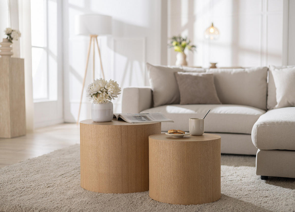 BEISTELLTISCH - 2er-Set - Rund - Eschefarben, Holzwerkstoff (33/48/40cm) - home24