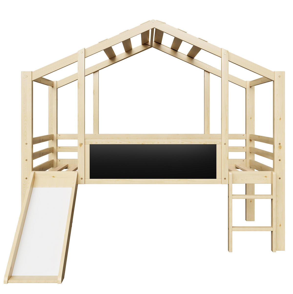 HAUSBETT 90/200 cm Natur aus Massivholz mit Rutsche und Tafel - Naturfarben, Holz (90/200cm) - OKMYHOME