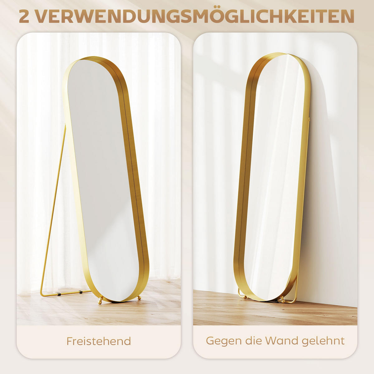 GANZKÖRPERSPIEGEL 160 x 50 cm Gewölbter Standspiegel mit Metallrahmen, Gold - Goldfarben, Metall (6/160/50cm) - HOMCOM