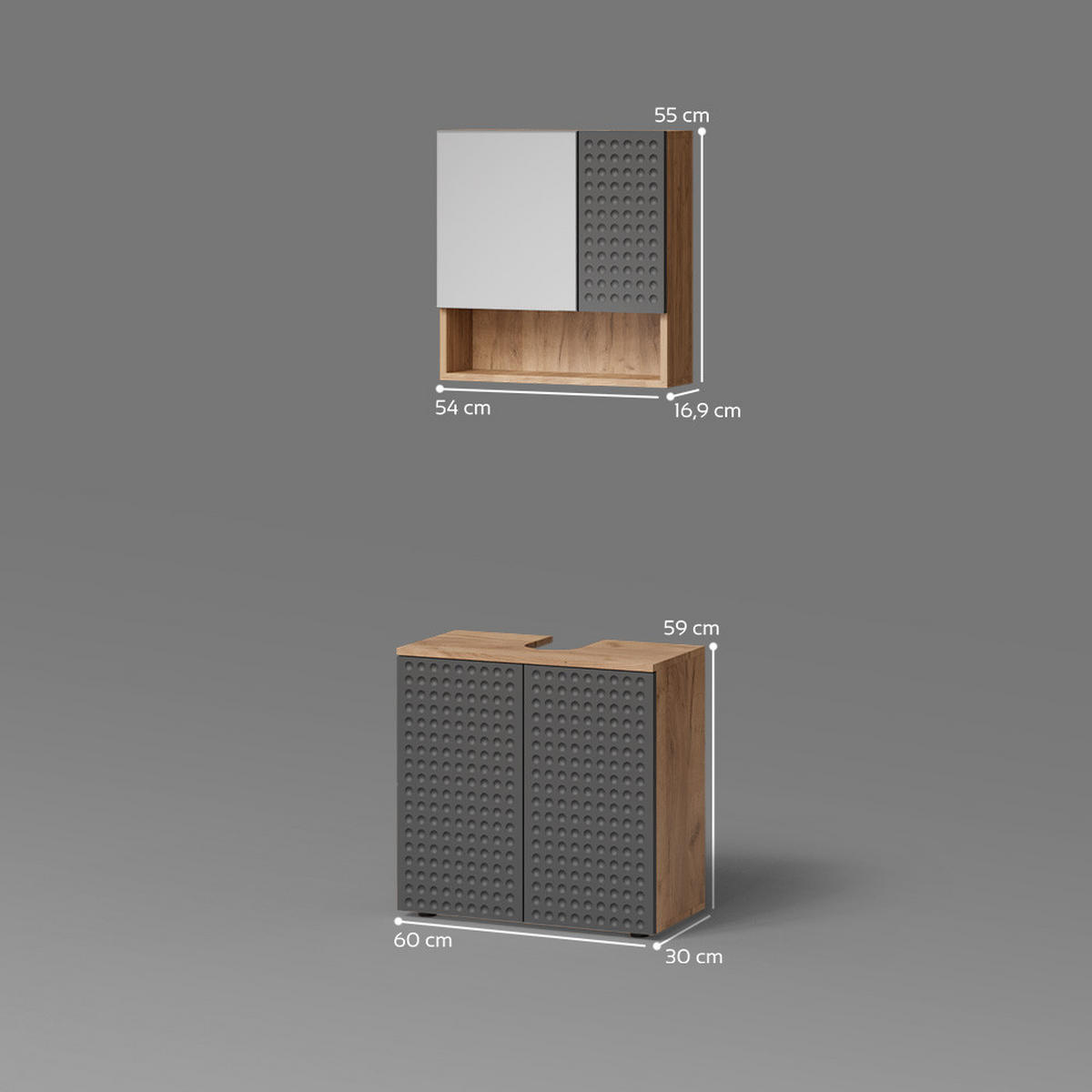 BADMÖBEL-SET Ronco Anthrazit gepunktet 2 Teile, Unterschrank 60 cm - Anthrazit, Holzwerkstoff (60/59/30cm) - Livinity®