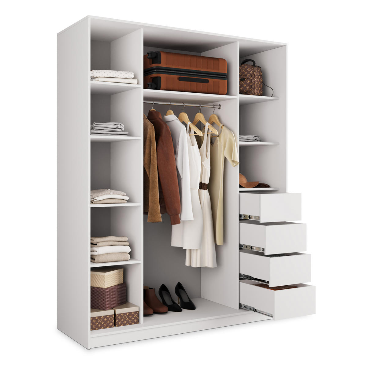 SCHWEBETÜRENSCHRANK TARI 150/205/58 cm 3-türig mit Spiegel und Schubladen Weiß - Schwarz/Weiß, Holzwerkstoff (150/205/58cm) - MASSENO