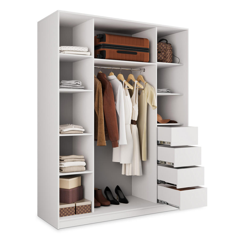 Thumbnail - Masseno Schwebetürenschrank, Weiß, Silber, Holzwerkstoff, 9 Fächer, 4 Schubladen, Rechteckig, 150x205x58 cm, Schlafzimme...