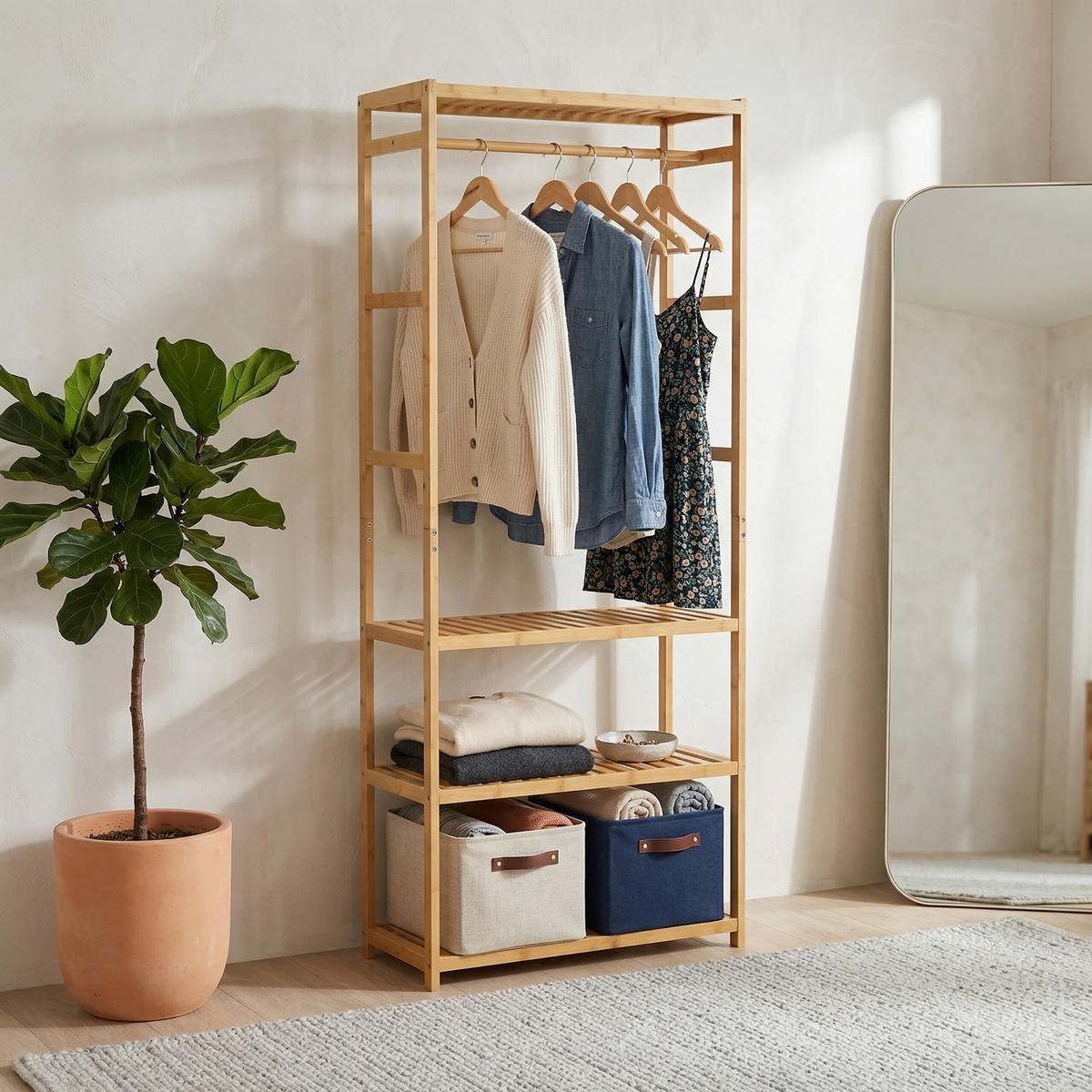 KLÄDSTÄLLNING Natur bambu 4 hyllplan 163x70x29 cm - Ljusbrun, Trä (70/163/29cm) - Relaxdays