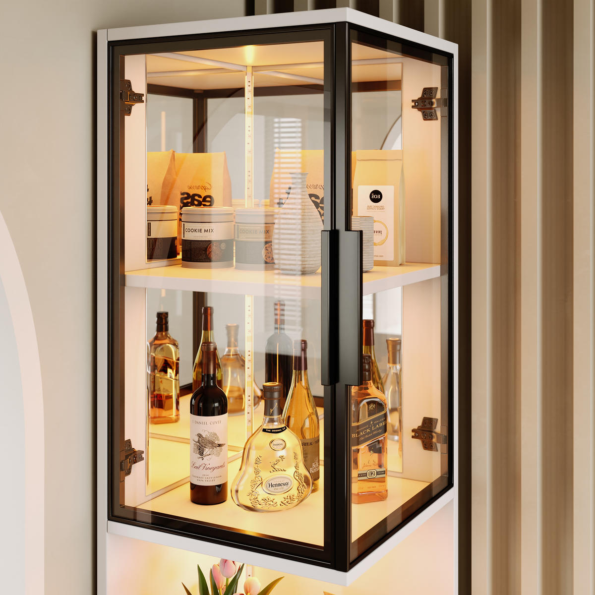 VITRINE 205cm LED Glas Doppel Türen verspiegelte Rückwand modern - Weiß, Holzwerkstoff (44/205/42cm) - FLIEKS