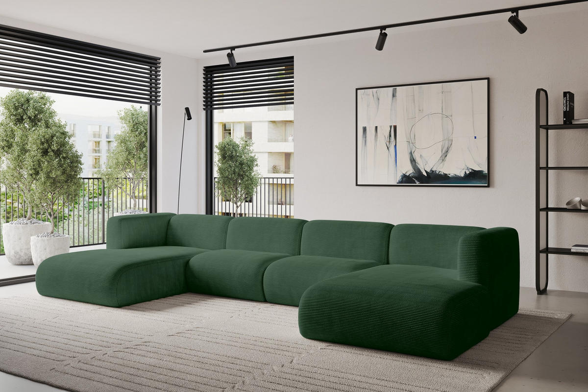 WOHNLANDSCHAFT MIRA-U2 408x179x70 Grün Cord - Salbeigrün/Schwarz, Holzwerkstoff/Kunststoff (408/70/179cm) - ALTDECOR
