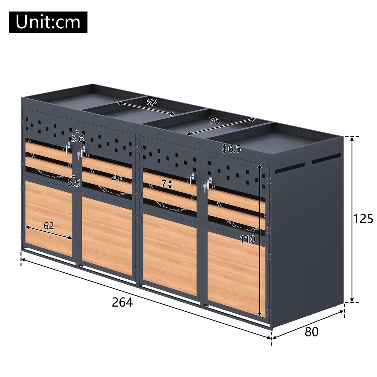 MÜLLTONNENBOX 4er Anthrazit Holzoptik Pflanzdach 120-240L - Multicolor, Metall (80/125/264cm) - FLIEKS