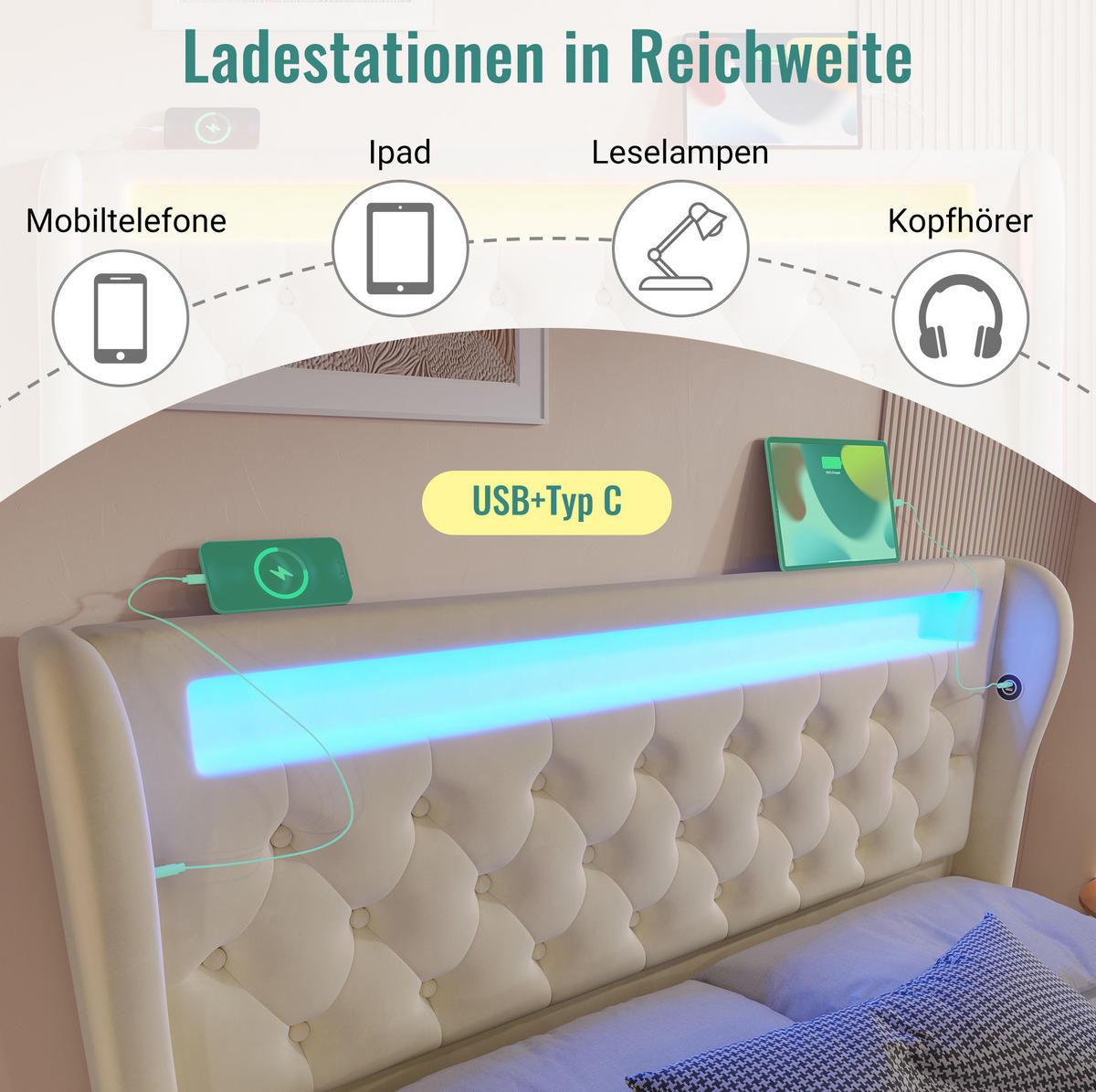 POLSTERBETT 160/200 cm Beige aus Samt mit LED und Stauraum - Beige, Textil (160/200cm) - OKMYHOME