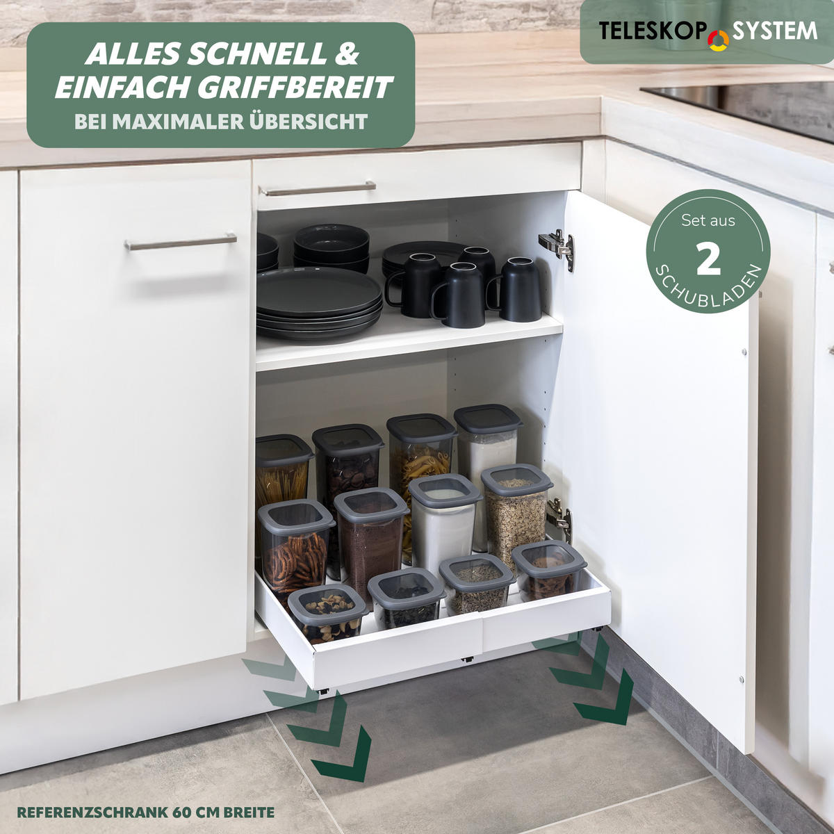 TELESKOPSCHUBLADEN (2er Set), ausziehbar, Metall, weiß - Weiß, Metall (51/6/42cm) - bremermann