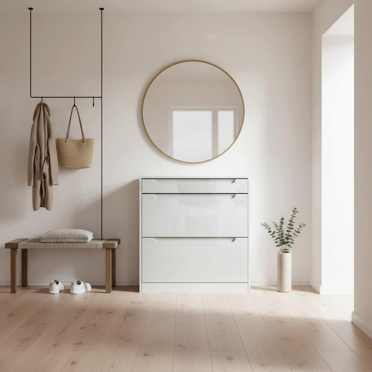 SCHUHSCHRANK Venezia Schmal mit 2 Klappen und 1 Schublade, Platzsparender Schuhkipper, Weiß Hochglanz (89 x 95,5 x 23 cm) - Weiß Hochglanz, Holzwerkstoff (89/95.5/23cm) - InnoFurn