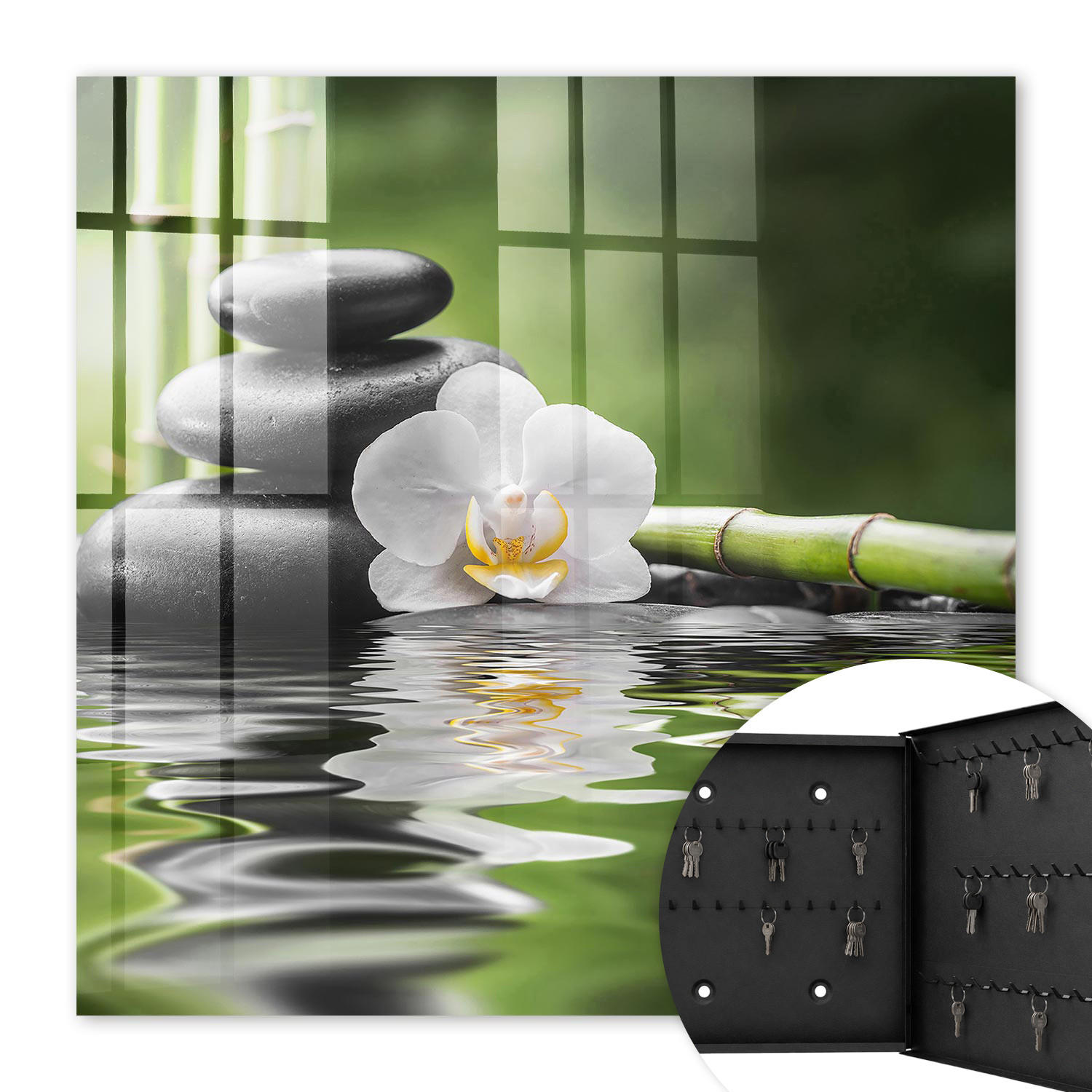 SCHLÜSSELBOX Schwarz 30x30 cm- Türöffnung nach rechts - Zen-Orchidee - Grün, Metall (30/30/5cm) - TULUP