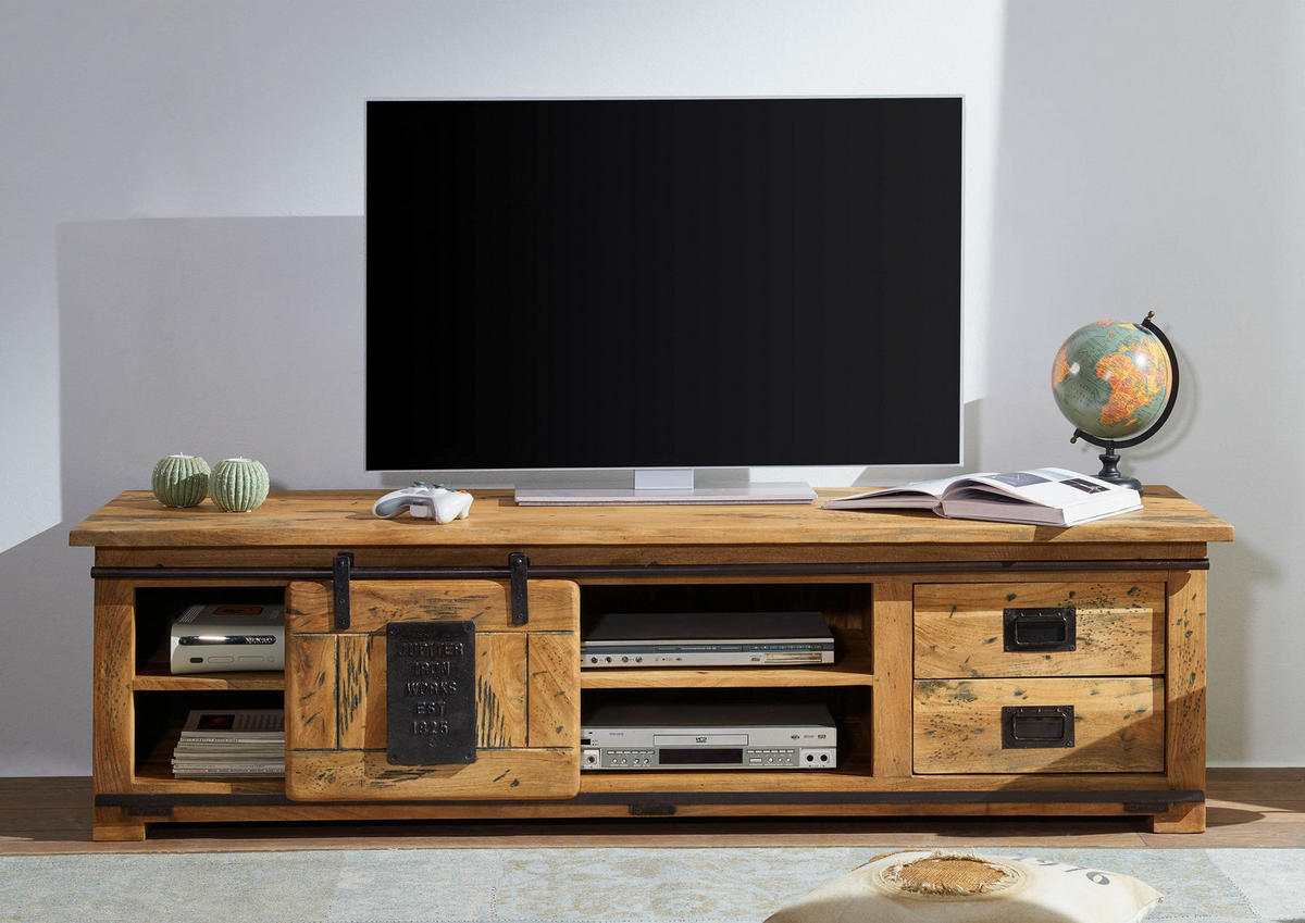 TV-BOARD Mango 180x55x50 natur lackiert RAILWAY #145 - Naturfarben, Holz (180/50/55cm) - Massivmoebel24