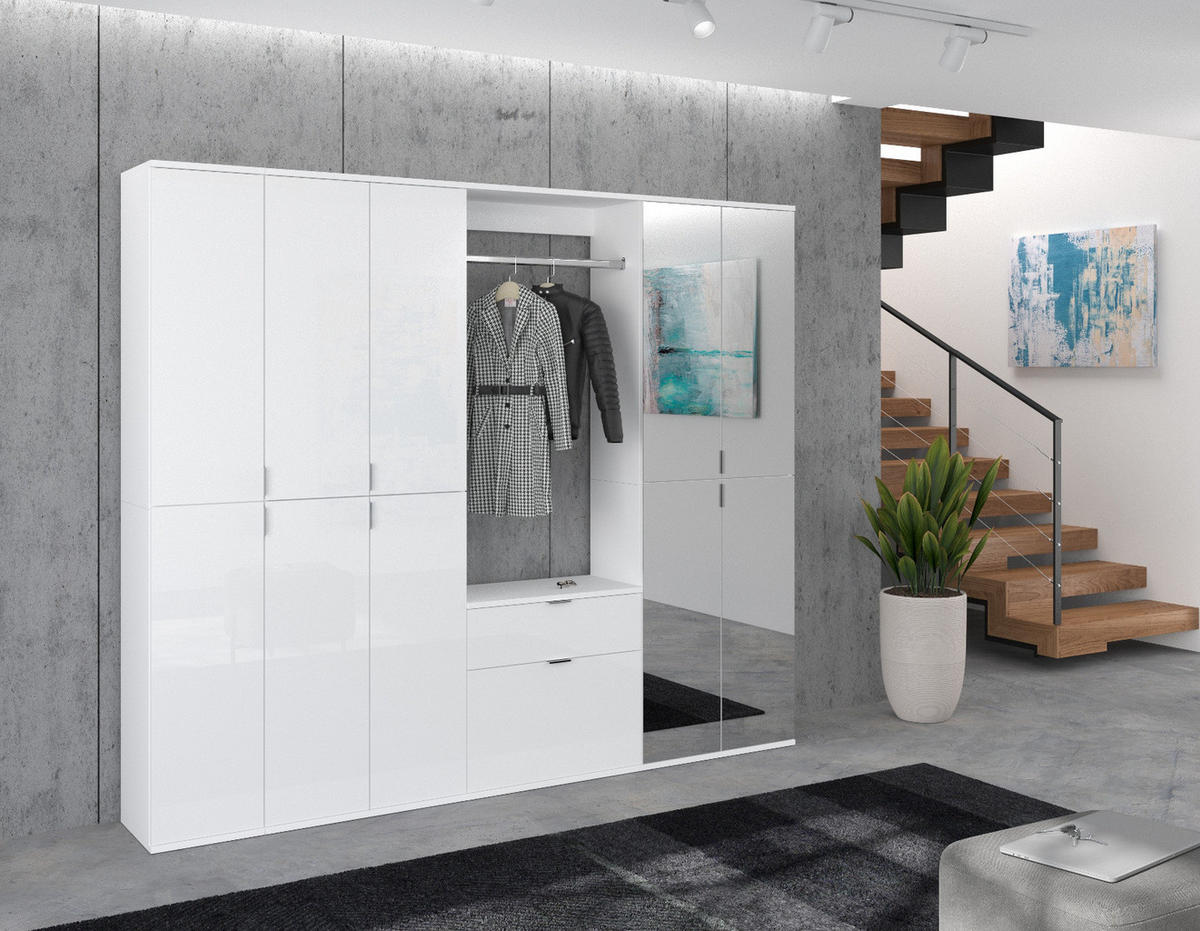 GARDEROBENSCHRANK weiß Hochglanz 213 cm mit Spiegel, Flurgarderobe - Chromfarben/Weiß Hochglanz, Glas/Holzwerkstoff (213/193/34cm) - Inn.Furn