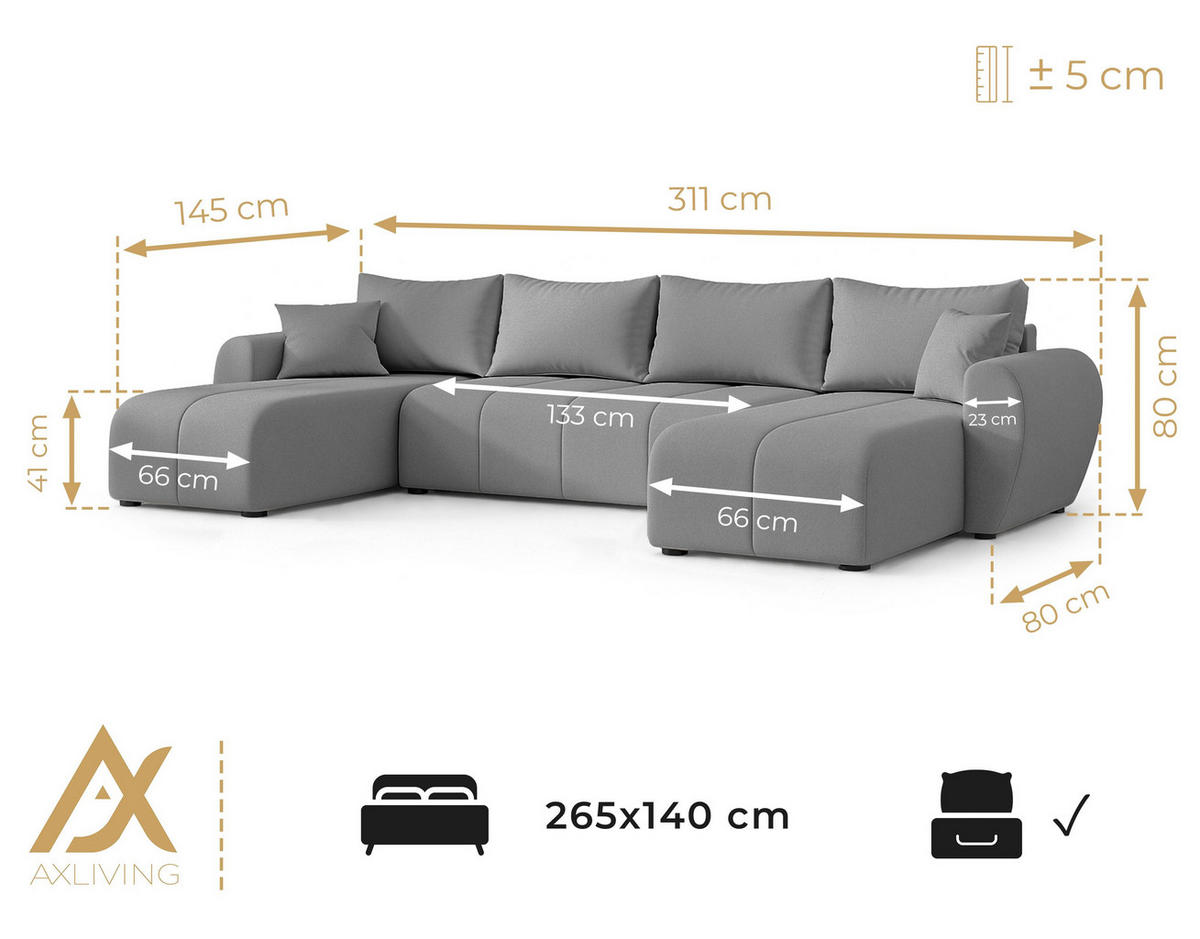 WOHNLANDSCHAFT Malatya U Form Beige 311/145/80 cm mit Schlaffunktion - Beige/Schwarz, Kunststoff/Textil (311/80/145cm) - AX Living