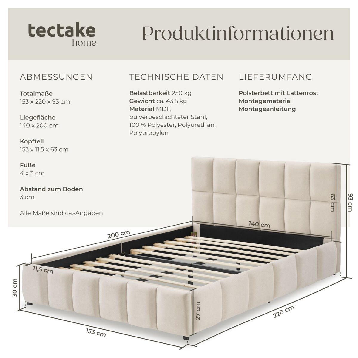 POLSTERBETT Shirley, Belastbarkeit 250 kg, Samtoptik sand - Gelb/Samtahornfarben, Holz (140/200cm) - tectake