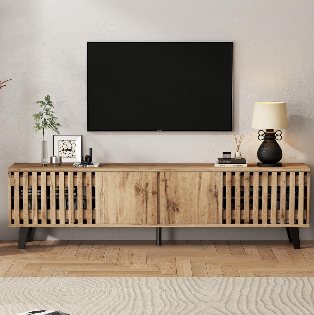 LOWBOARD 180/40/55 cm aus Spanplatte mit 8 Ablagefächern Natur - Hellbraun, Holzwerkstoff (180/55/40cm) - Modenvie