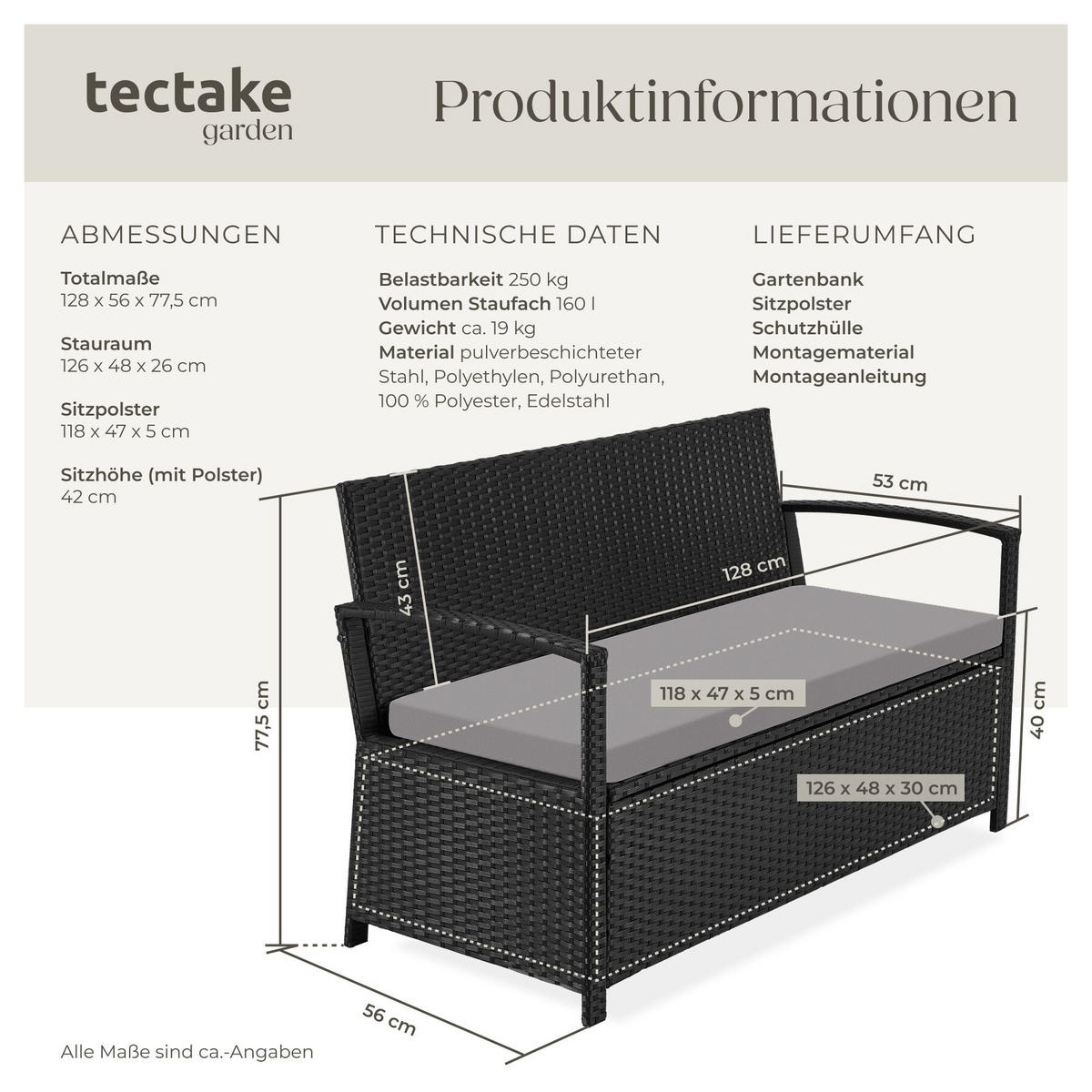 RATTAN-GARTENBANK Vecchia, 128 x 56 x 77,5 cm, inklusive Schutzhülle, schwarz - Schwarz, Kunststoff (128/77.5/56cm) - tectake