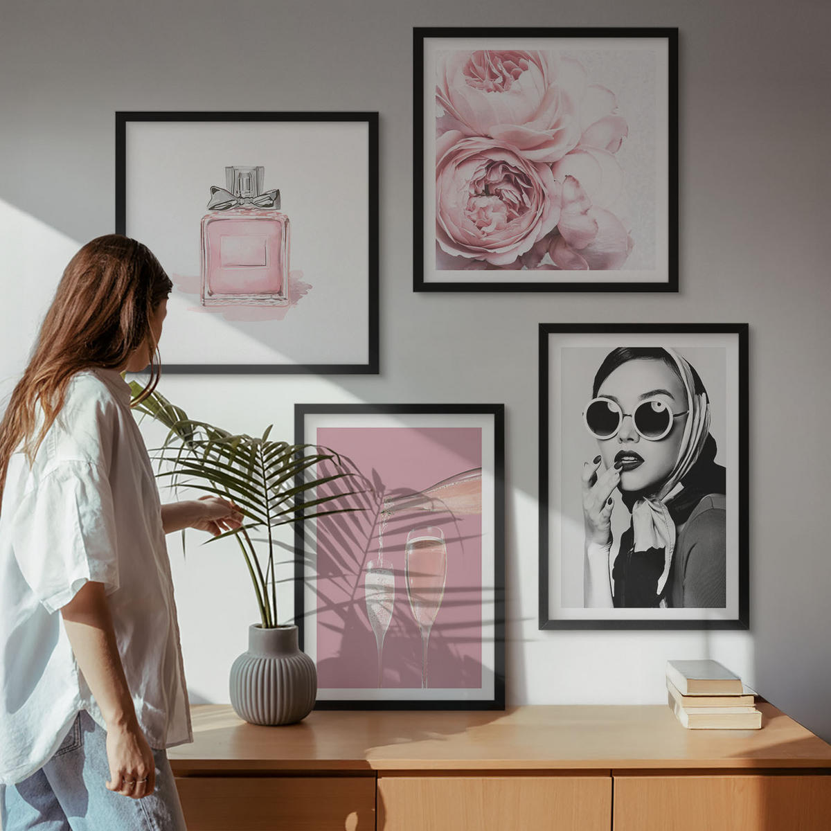 BILDER SET 4er Set - 50x50 cm & 40x60 cm Schwarzer Rahmen - Stilvolle pinkfarbene Accessoires - Schwarz, Kunststoff (50/50cm) - TULUP