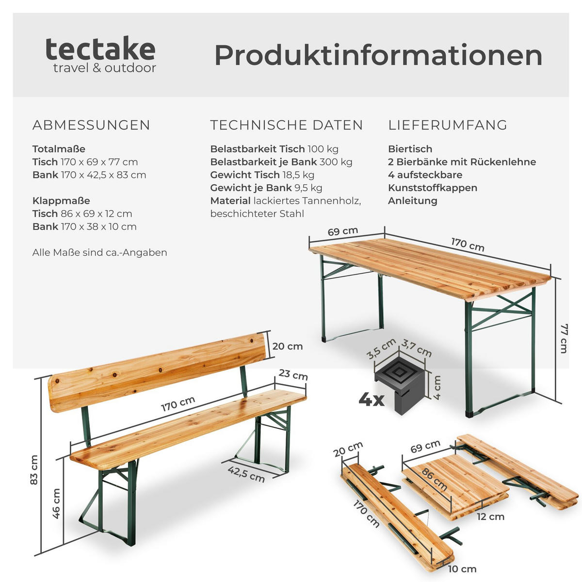 BIERZELTGARNITUR Franz Ii, robustes Tannenholz mit Schutzlackierung, braun - Braun, Naturmaterialien/Holz - tectake