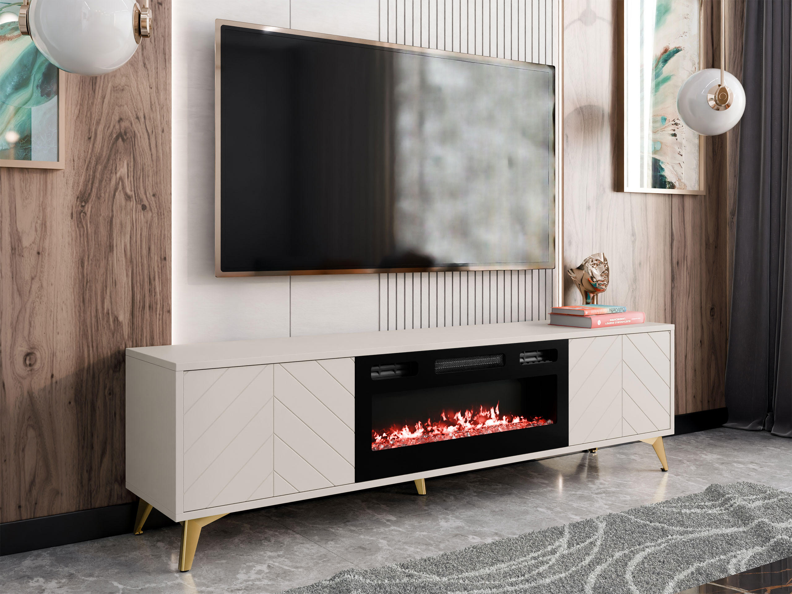 TV-LOWBOARD Xylx 2D EF mit Elektrische Kamin - Beige/Goldfarben, Holzwerkstoff/Metall (184/53/40cm) - MIRJAN24