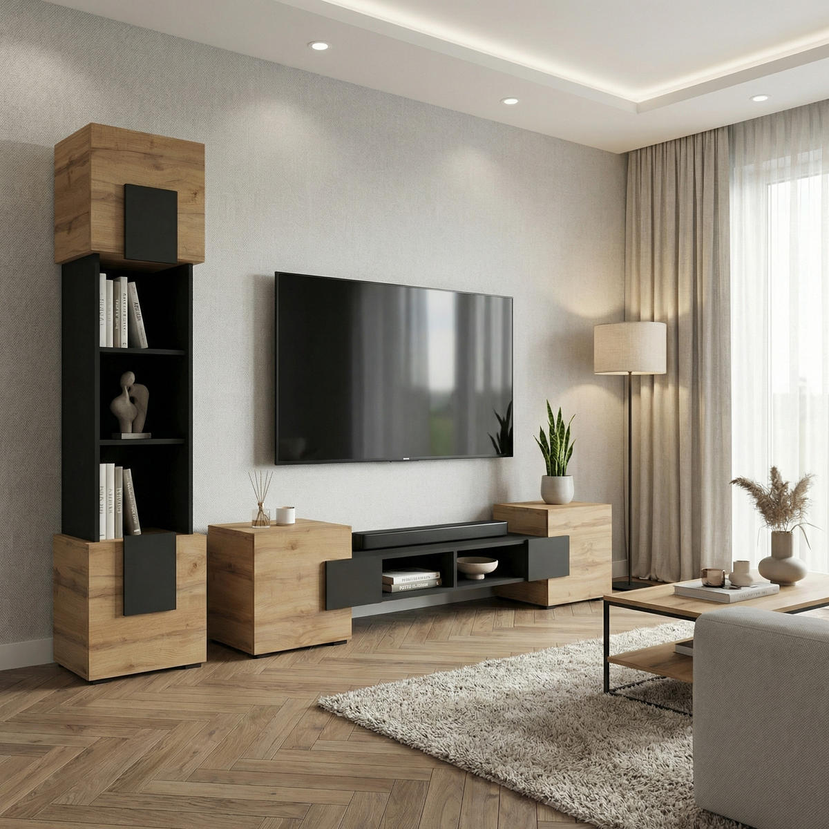 LOWBOARD TV TORINO Hängend + Stehend, Mattes Finish, Schwarz + Eiche Wotan - Eiche Wotan/Schwarz, Holzwerkstoff/Kunststoff (181/40/35cm) - Komodee