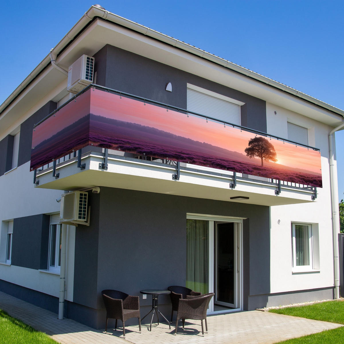 BALKON-SICHTSCHUTZ Baum - Heidekraut - Sonnenaufgang - Flieder, Kunststoff (500/80cm) - MuchoWow