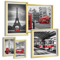 BILDER SET 5er Set - 50x50 cm & 20x30 cm & 40x60 cm Goldrahmen - Rote Busse in der Stadt - Goldfarben, Kunststoff (40/60cm) - TULUP