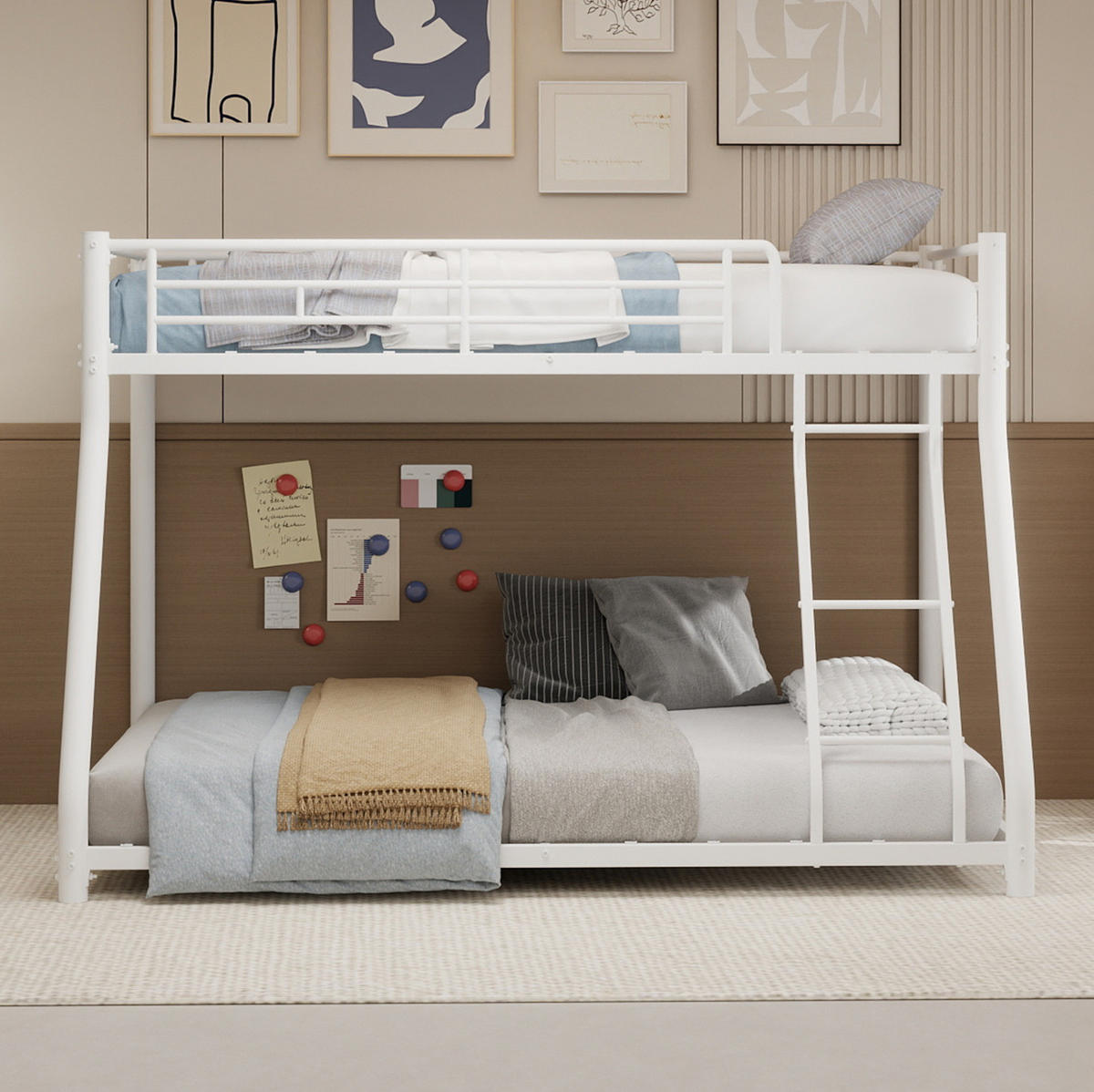 ETAGENBETT Metall 140/200 cm mit Leiter, erhöhtem Geländer und geräuscharmen Latten, Weiß - Weiß, Metall (140/200cm) - Redom