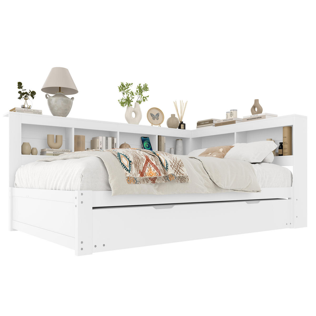 BETT aus Kiefer und MDF 140x200 cm Weiß mit ausziehbarem Rollbett, 2 Schubladen, Steckdose und 2 USB-Anschlüssen - Weiß, Holzwerkstoff (140/200cm) - Modfu