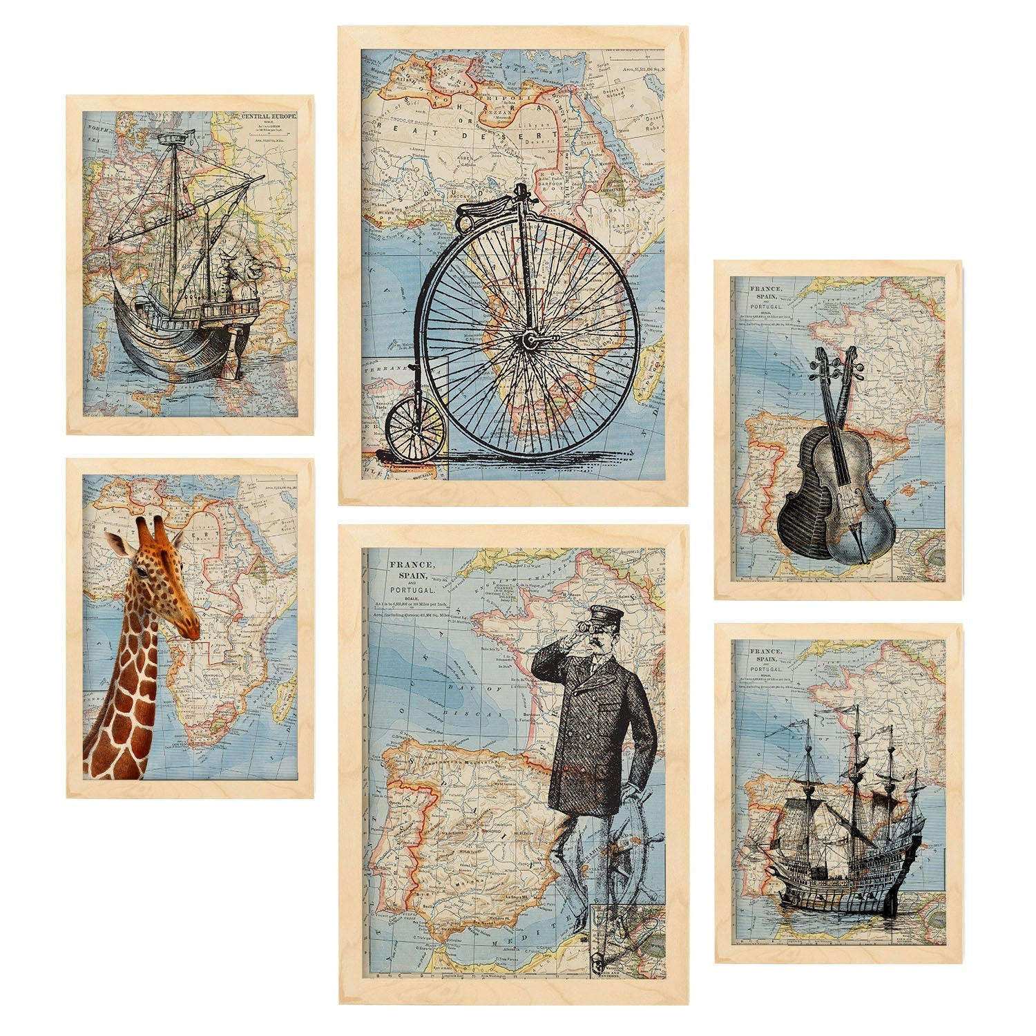 POSTER Set Mit 6 Vintage Karten Topografische Karten Im Retro Stil Von Europa, Afrika Und Spanien In Dezenten Farben A3 & A4 Rahmen Aus Hellem Holz - Beige, Papier (29/3cm) - Nacnic