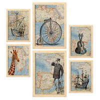 POSTER Set Mit 6 Vintage Karten Topografische Karten Im Retro Stil Von Europa, Afrika Und Spanien In Dezenten Farben A3 & A4 Rahmen Aus Hellem Holz - Beige, Papier (29/3cm) - Nacnic