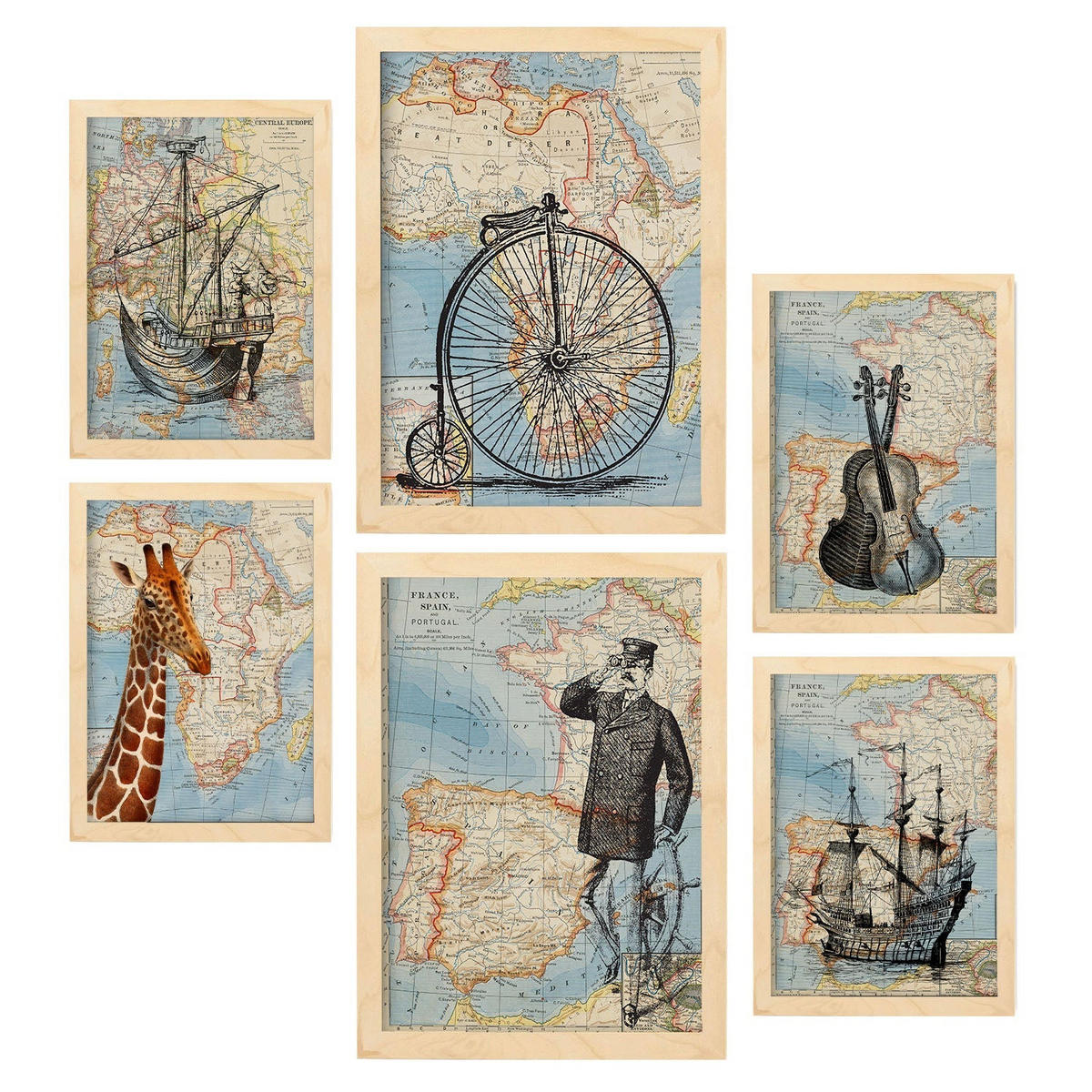 POSTER Set Mit 6 Vintage Karten Topografische Karten Im Retro Stil Von Europa, Afrika Und Spanien In Dezenten Farben A3 & A4 Rahmen Aus Hellem Holz - Beige, Papier (29/3cm) - Nacnic