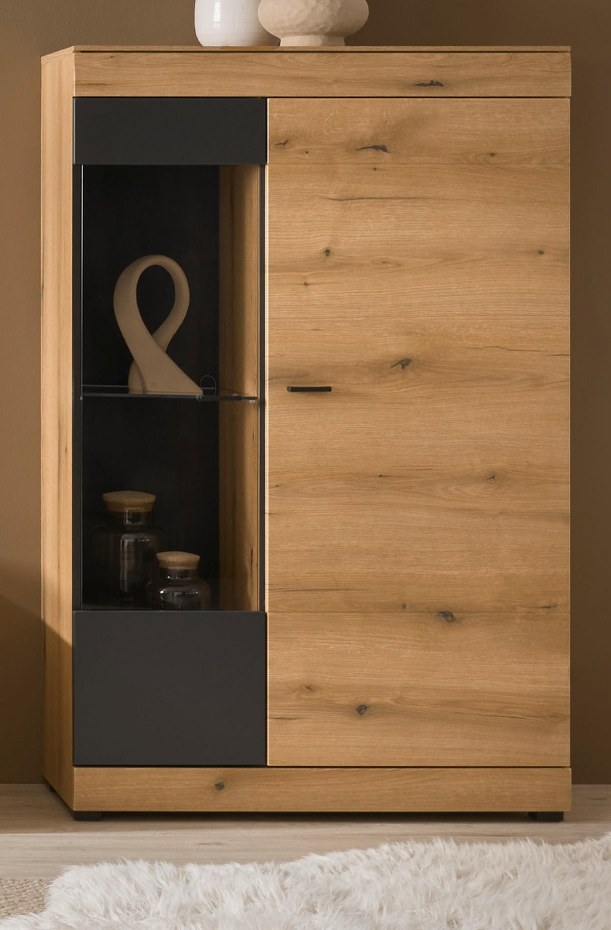 VITRINE in Eiche, grau 90 x 151 cm, Highboard mit Soft-Close - Kaschmir/Eichefarben, Glas/Holzwerkstoff (90/141/35cm) - Furn.Design