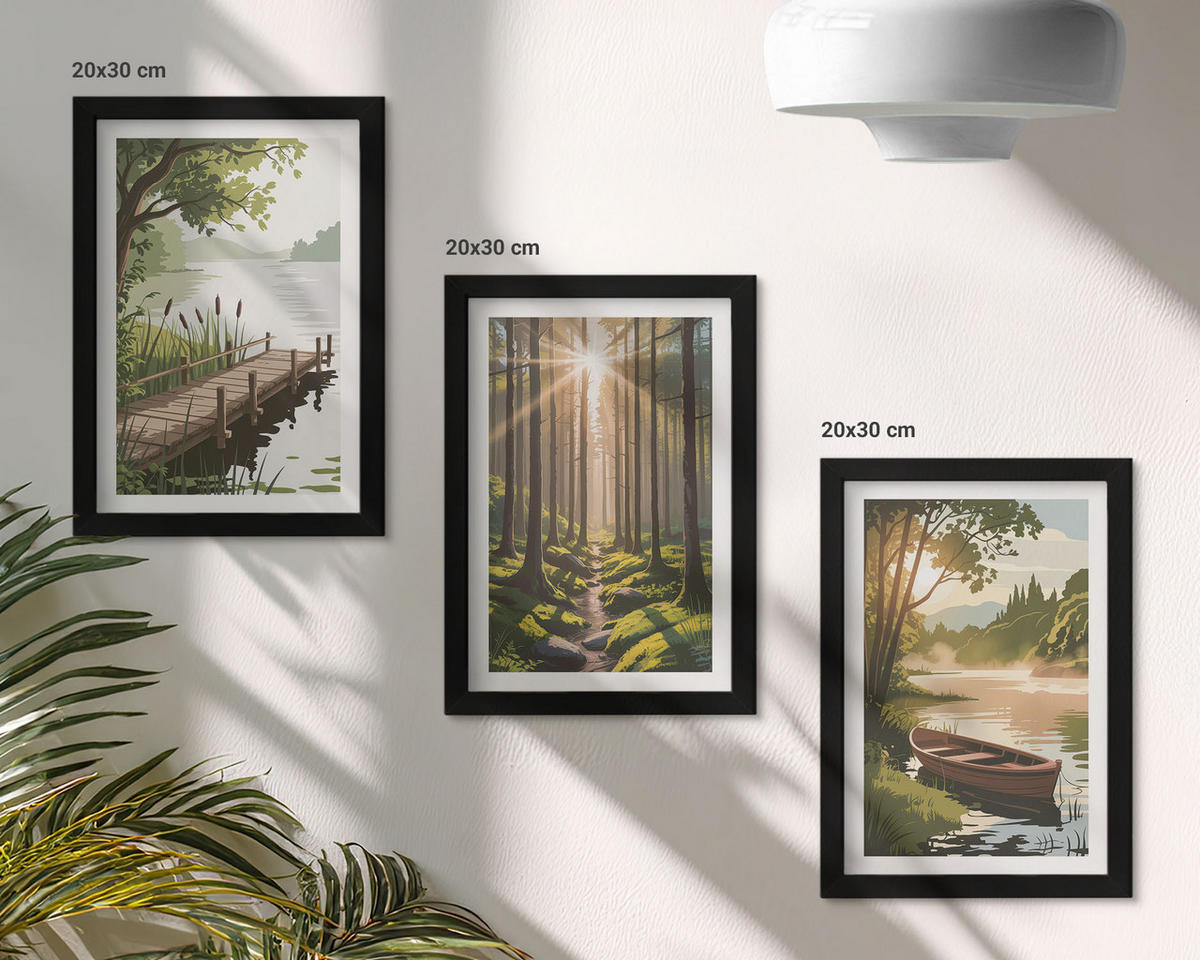 BILDER SET 3er Set - 20x30 cm Schwarzer Rahmen - Landschaft aus Wald, See und Boot - Schwarz, Kunststoff (20/30cm) - TULUP