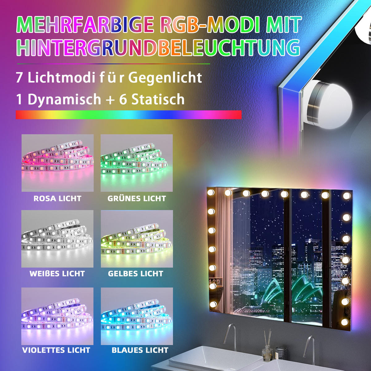 SCHMINKSPIEGEL mit LED-Beleuchtung und RGB Hintergrundbeleuchtung weiß 100/80 cm - Weiß, Metall (100/80/3cm) - VANITII