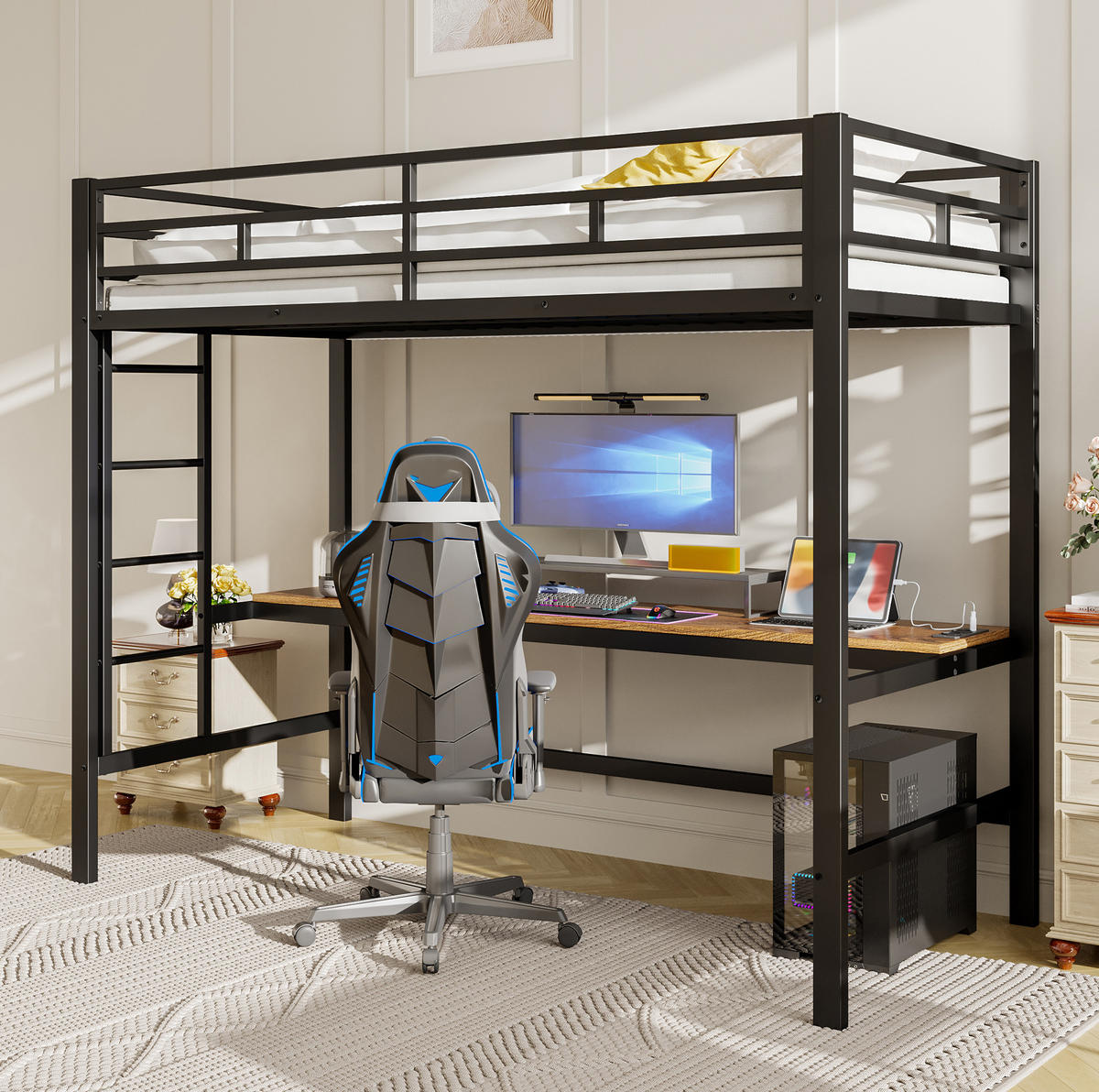 HOCHBETT aus Metall und MDF 90x200 cm Schwarz mit Lerntisch, LED-Beleuchtung, USB und Steckdose - Schwarz, Metall (90/200cm) - IVMEU
