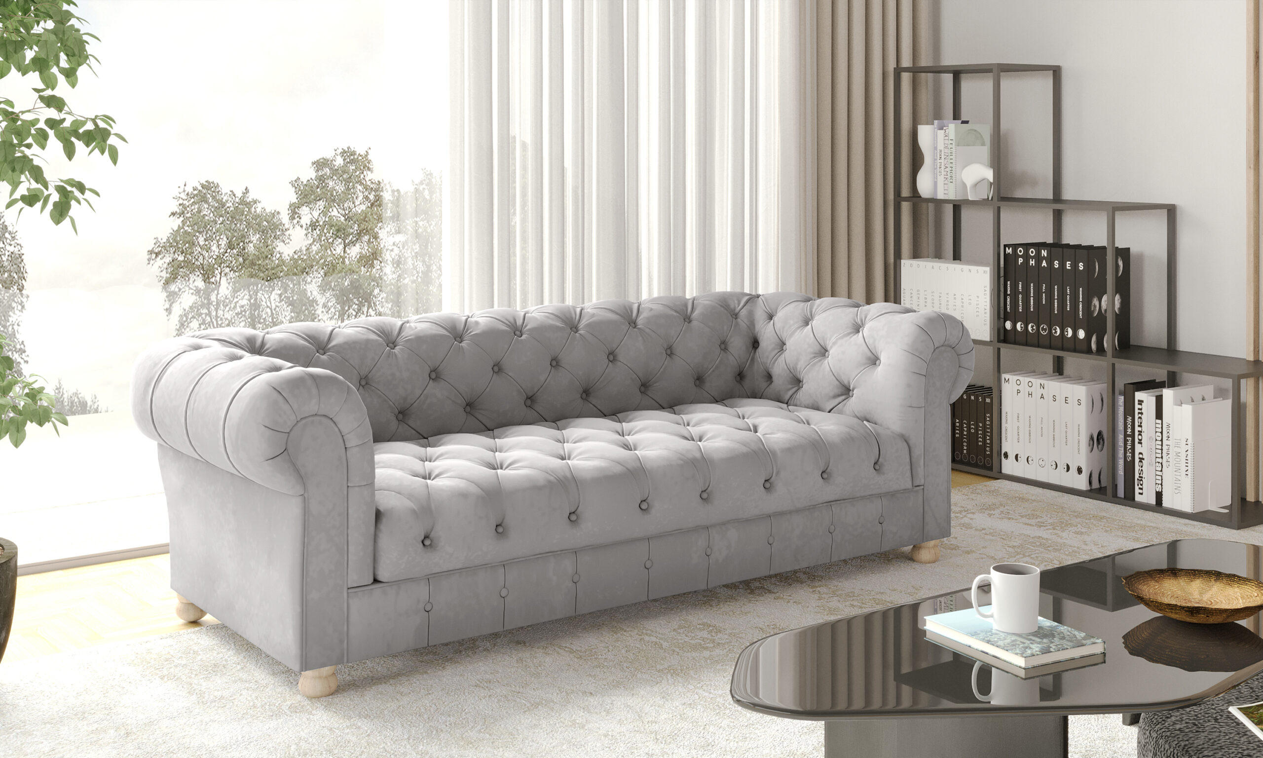 SOFA CHESTERFIELD Elegant Klassisch Schick Stoff Whisper Velours Silber - Silberfarben, Holz/Textil (202/77/90cm) - Kaiser Möbel