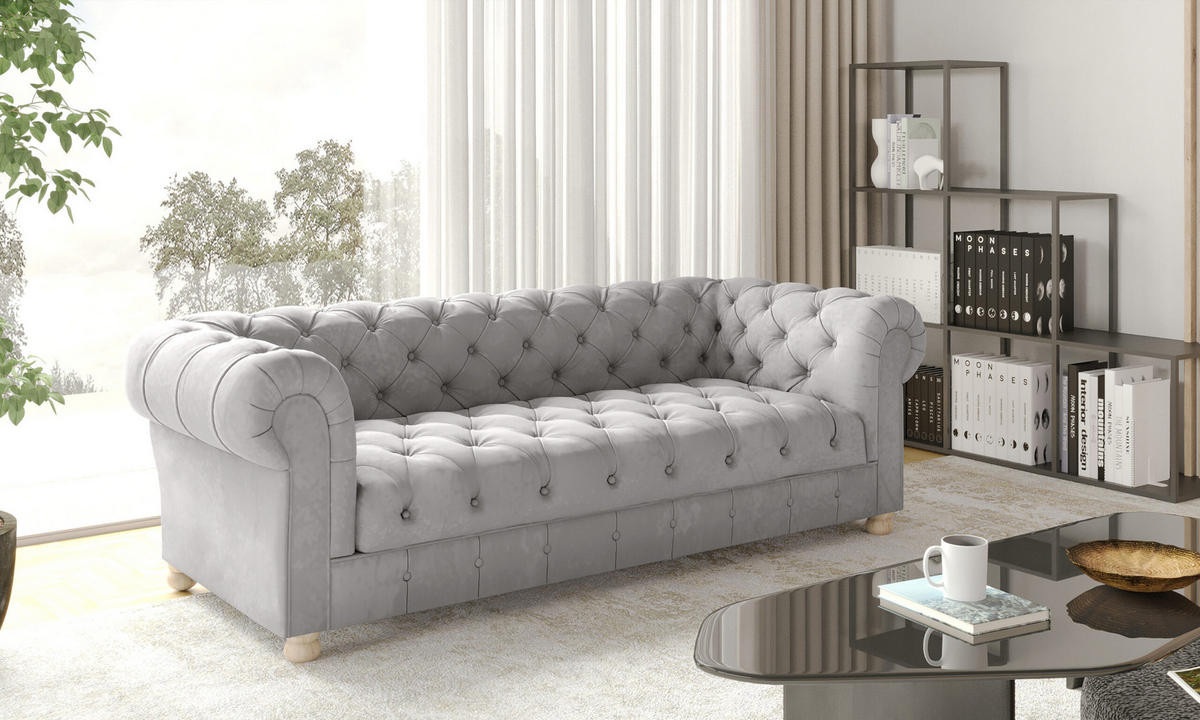 SOFA CHESTERFIELD Elegant Klassisch Schick Stoff Whisper Velours Silber - Silberfarben, Holz/Textil (202/77/90cm) - Kaiser Möbel