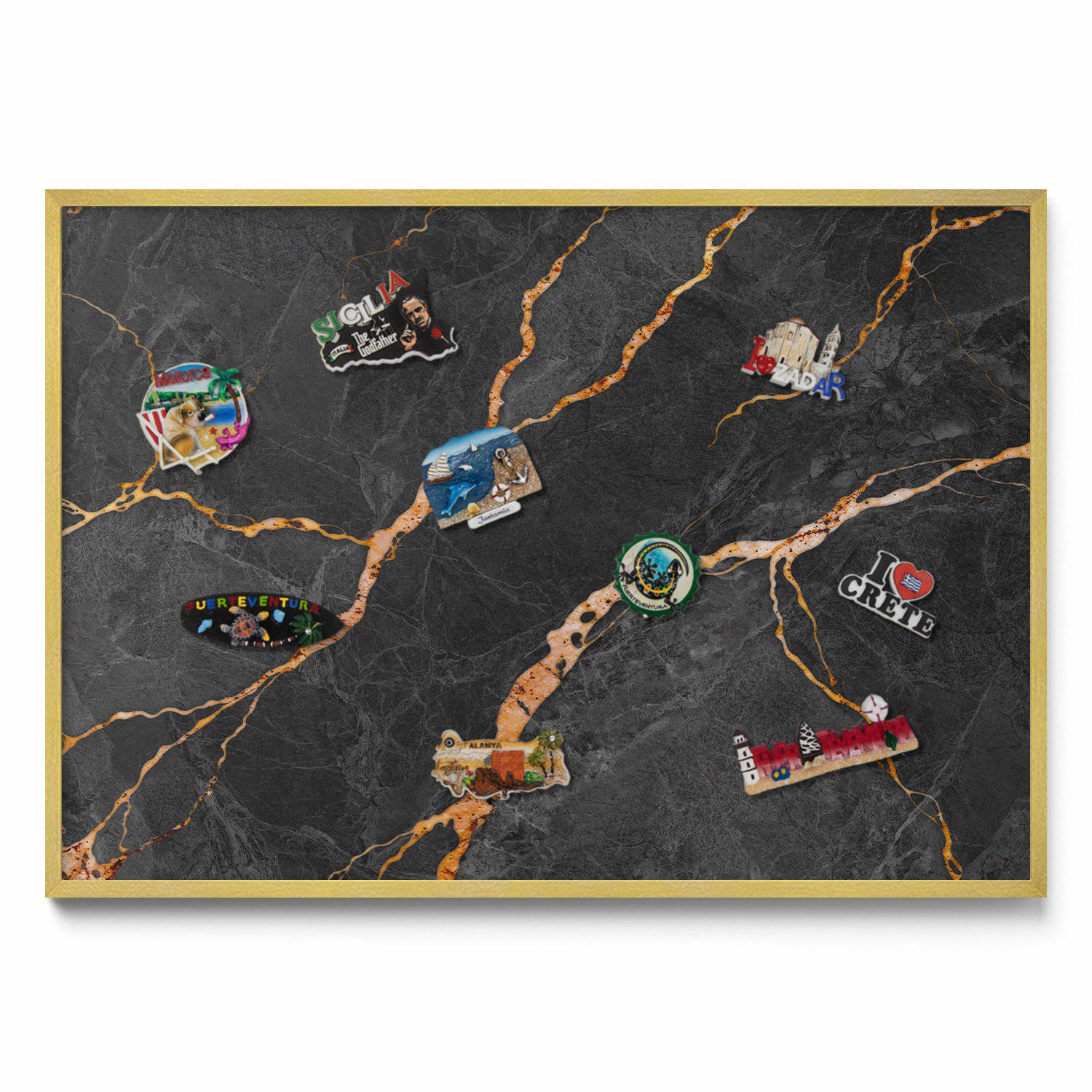 MAGNETTAFEL 100x70 cm Goldener Rahmen Verzierte Dunkle Marmoroptik - Schwarz, Metall (100/70/0.4cm) - TULUP