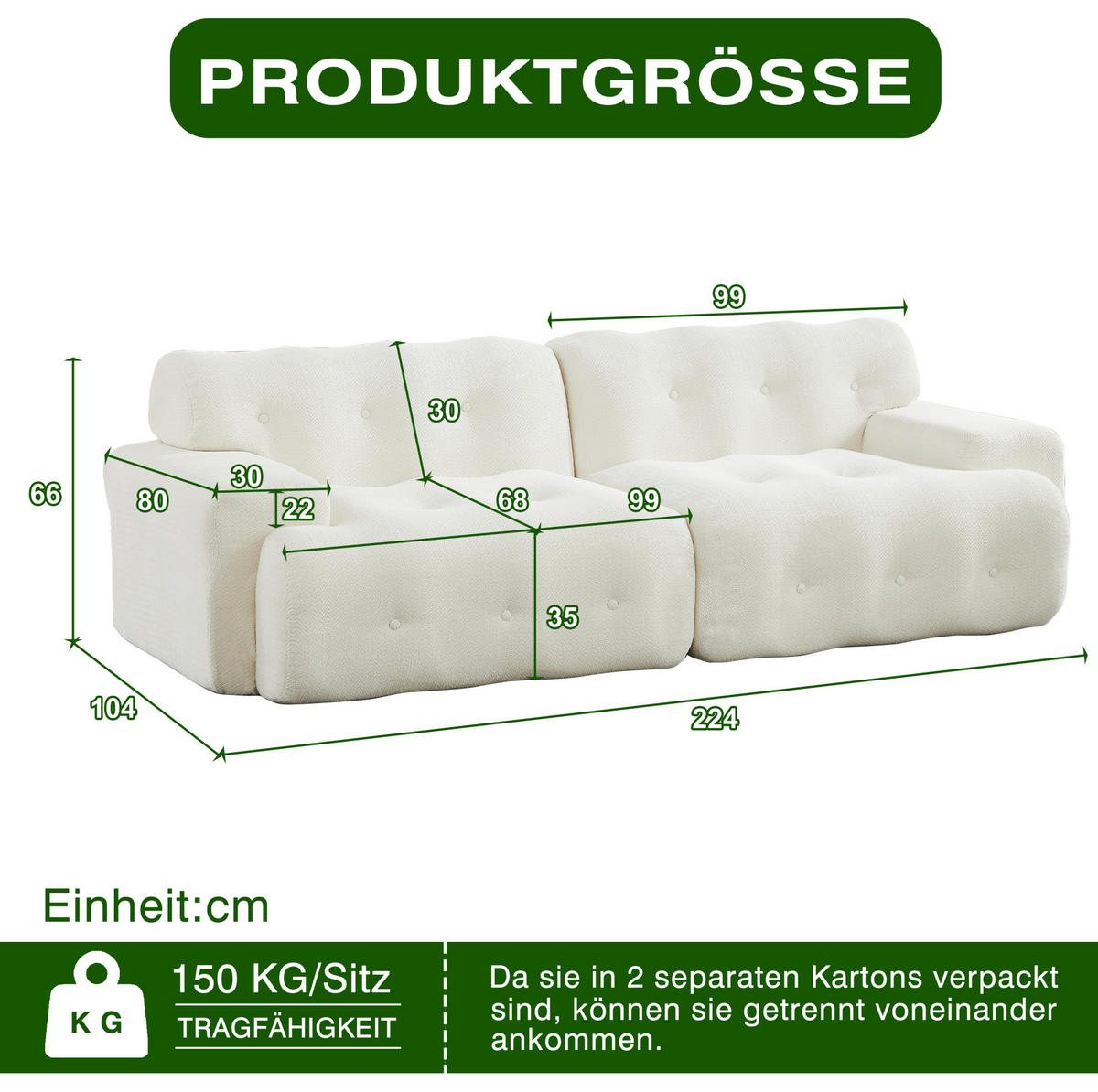 2-SITZER-SOFA 224/104/66 cm mit ergonomischer Polsterung, breiten Armlehnen und Chenille-Bezug, Beige - Beige, Textil (224/66/104cm) - Redom