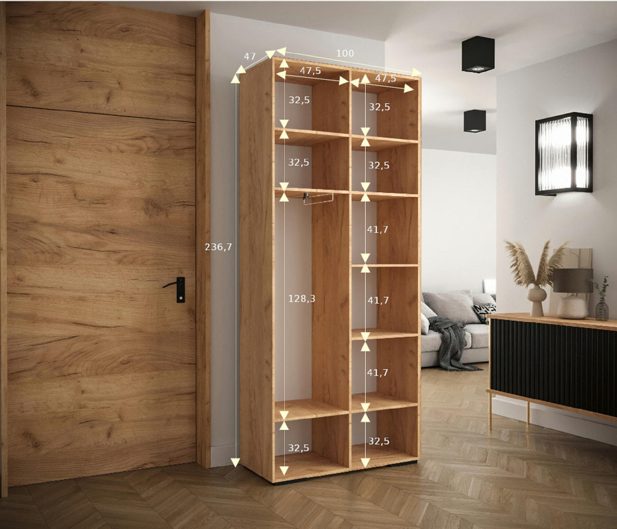 DREHTÜRENSCHRANK 236,7/100/47 2-türig - Alteiche/Goldfarben, Holz/Metall (100/236.7/47cm) - Abiks Möbel