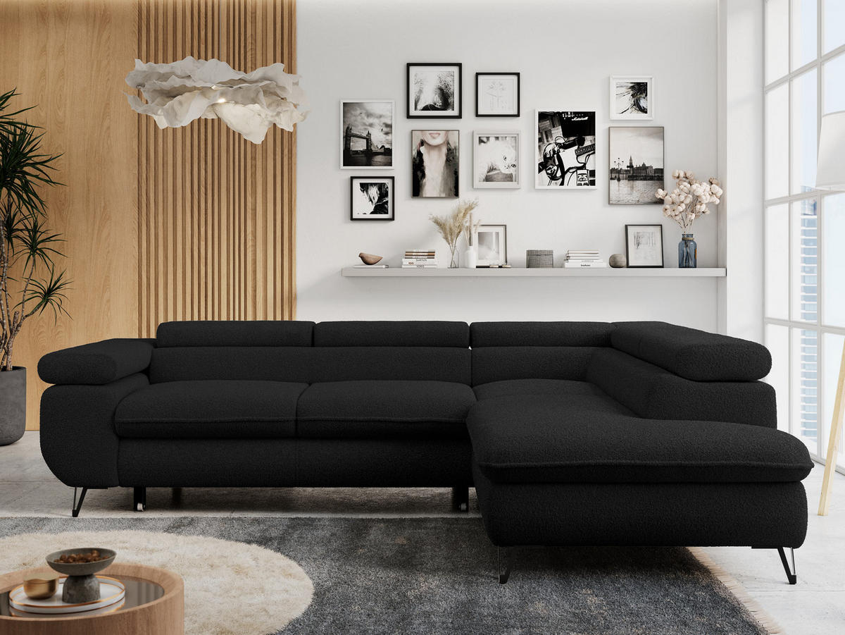 ECKSOFA PETER L Schwarz Boucle - Rechts Seite - Schwarz, Textil/Metall (273/208cm) - MKS