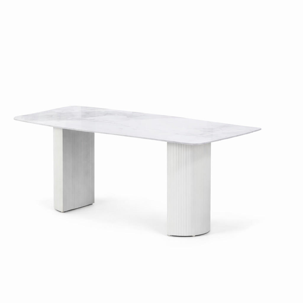 ESSTISCH Keramik Marmor-Optik geriffeltes Säulengestell Weiß 180 × 90 cm - Weiß, Keramik/Metall (90/180/75cm) - HOOZ