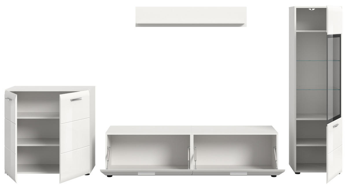 WOHNWAND weiß Hochglanz 4-teilig 315 cm, Schrankwand mit viel Stauraum - Weiß Hochglanz/Silberfarben, Glas/Holzwerkstoff (315/160/41cm) - Inn.Furn