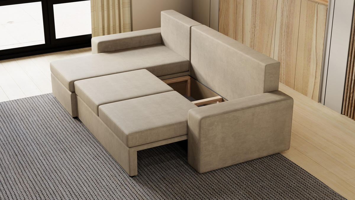 ECKSOFA Paco mit Bettkasten und Schlaffunktion, L-Form/XL-Form, Velourstoff, Universal - Beige, Holzwerkstoff (246/145cm) - 4ALL HOME