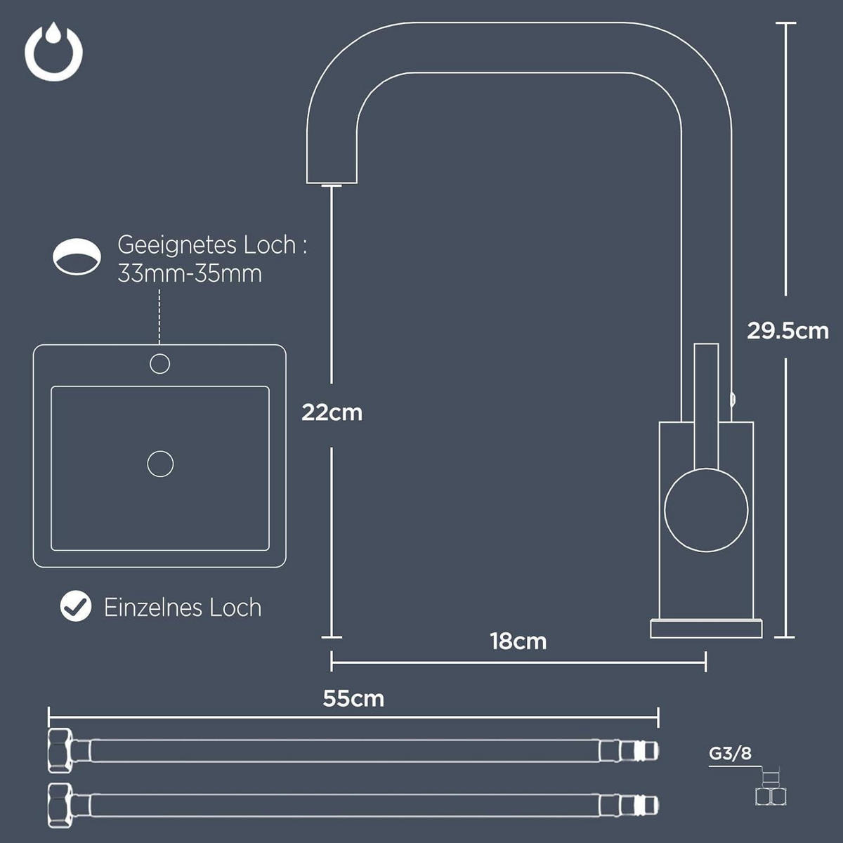 KÜCHENARMATUR Edelstahl 360° drehbar mit ausziehbarem Hahn - Silberfarben, Metall (18/22.5/22cm)