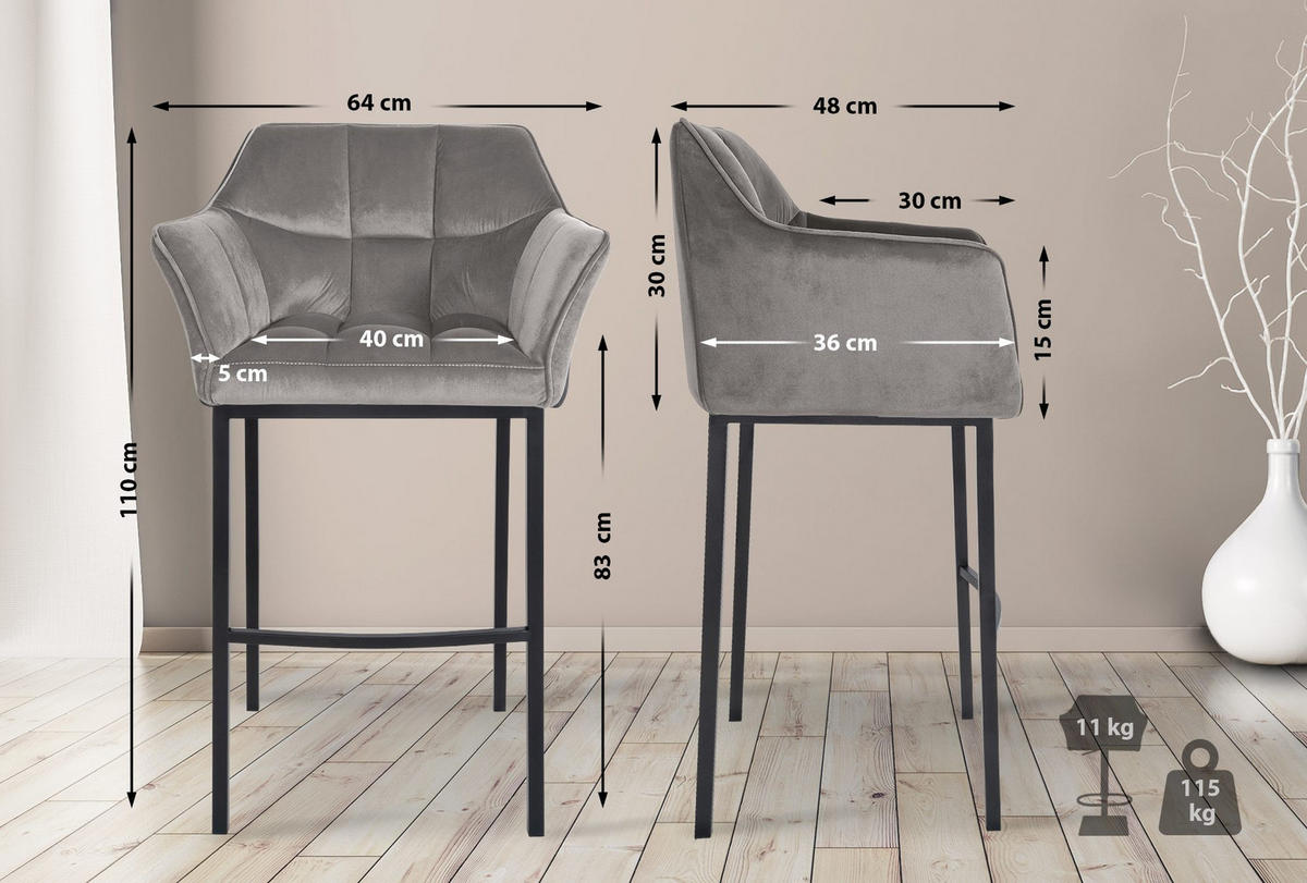 BARHOCKER 2er Set Samt Grau - Schwarz/Grau, Textil (64/110/48cm) - CLP