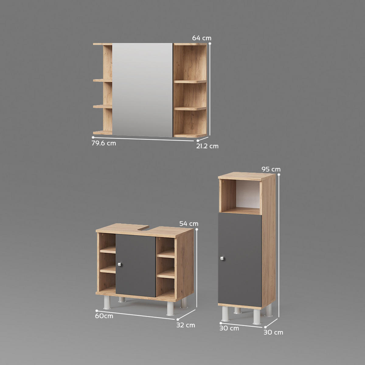BADMÖBEL-SET Fucino Eiche 3 Teile, mit Midischrank - Eichefarben/Anthrazit, Holzwerkstoff (79/64/21cm) - Livinity®