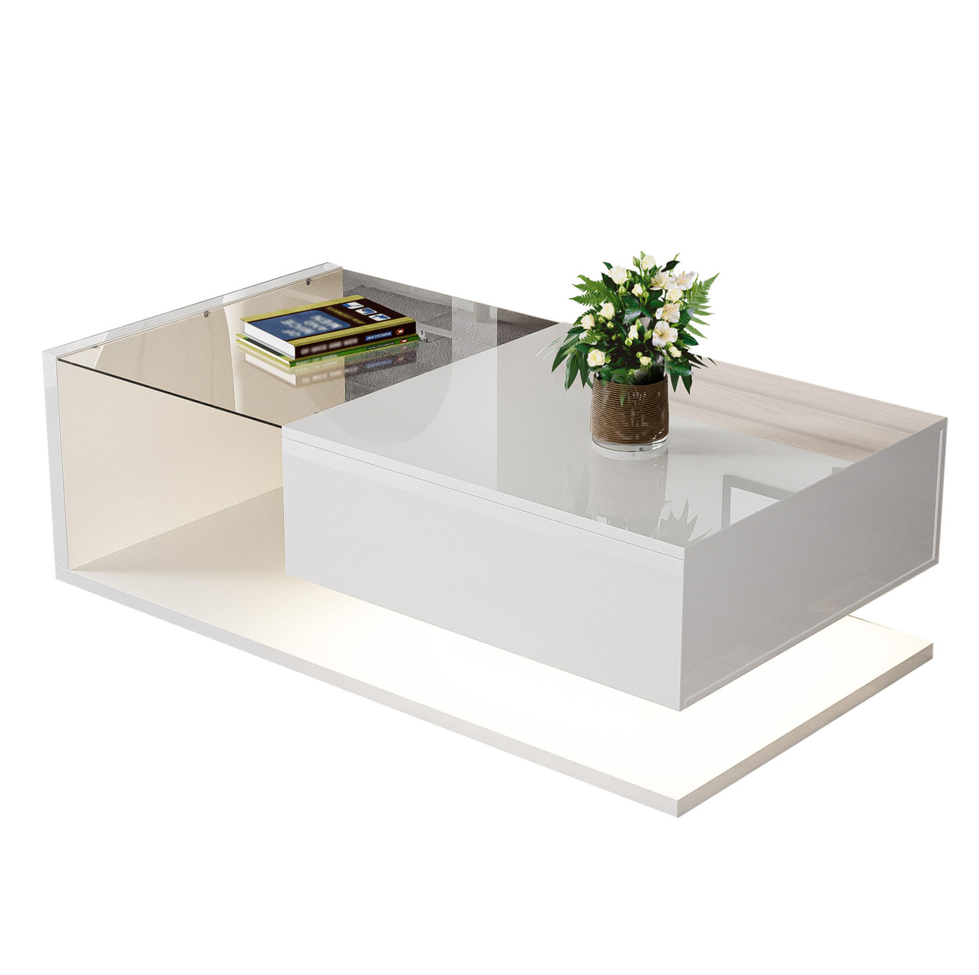 OKWISH KONFERENČNÍ stolek 105/55/32,5 cm bílý z dřevotřísky s LED osvětlením a sklem